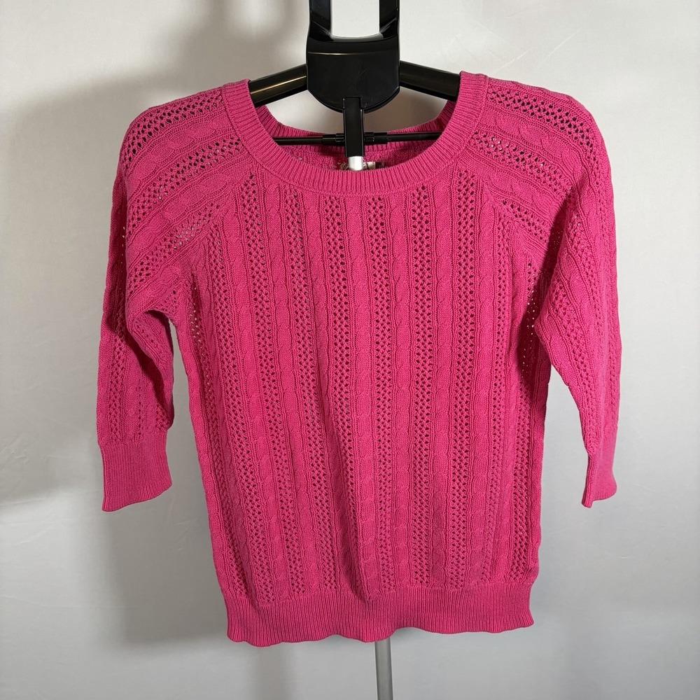 Y2K Open Knit Crochet SO XL Hot Pink 3/4 Sleeve Sweater Fairy Soft Girl Festival
